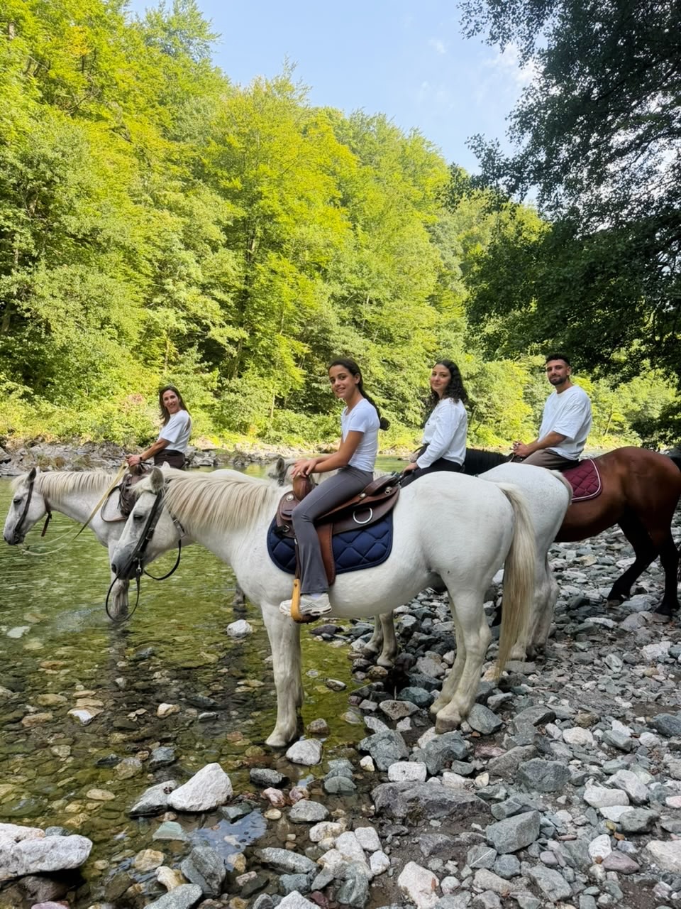 Four riders on horses beside a clear river
